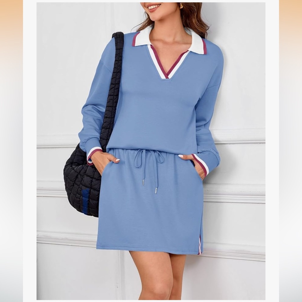 Two Piece Skirt Set. Size Small. Collared Pullover & Drawstring Mini Skirt.